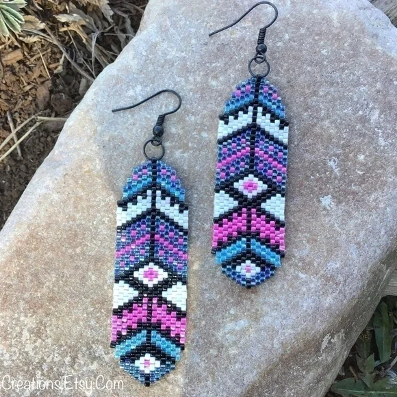 Southwest Feathers Beaded Earrings, New, Handmade by Me - Picture 7 of 10